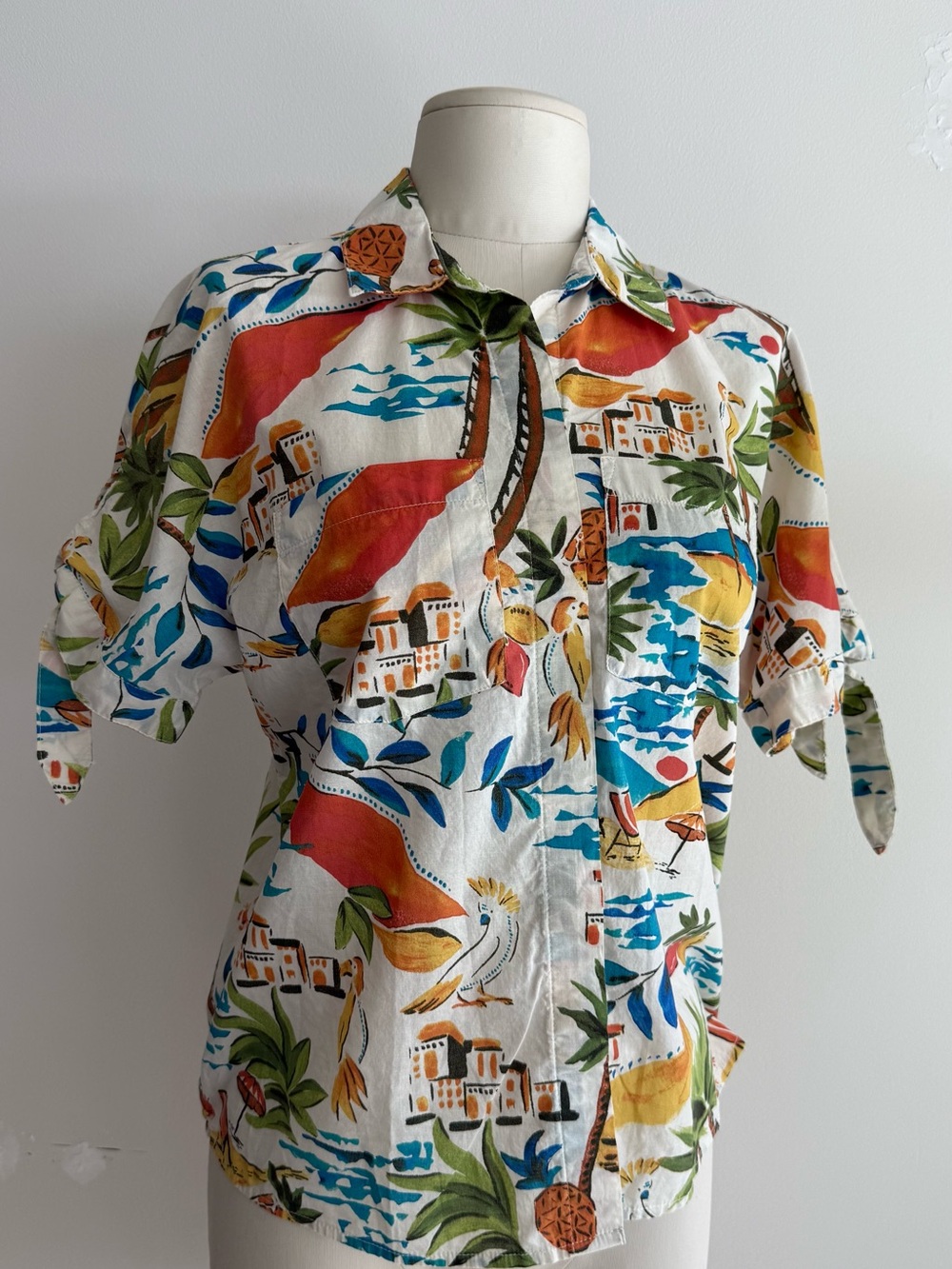 St. John's Bay White Tropical Print Short-Sleeve Button-Down